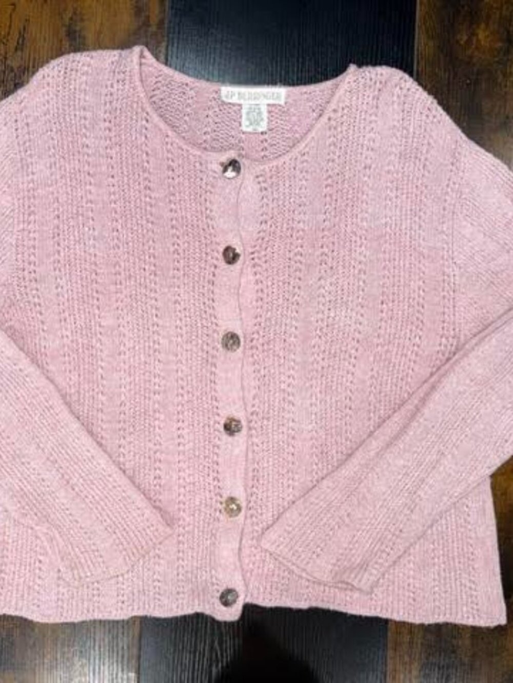 Vintage JP Berringer Made in USA Pink Linen Cotton Open Knit Cardigan L